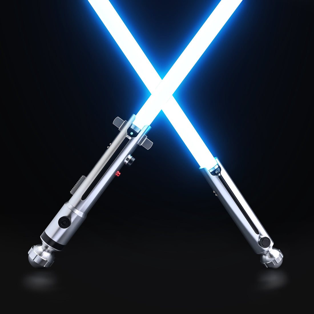 Fulcrum CW paired sabers, two silver hilts crossed with white-blue blades ignited