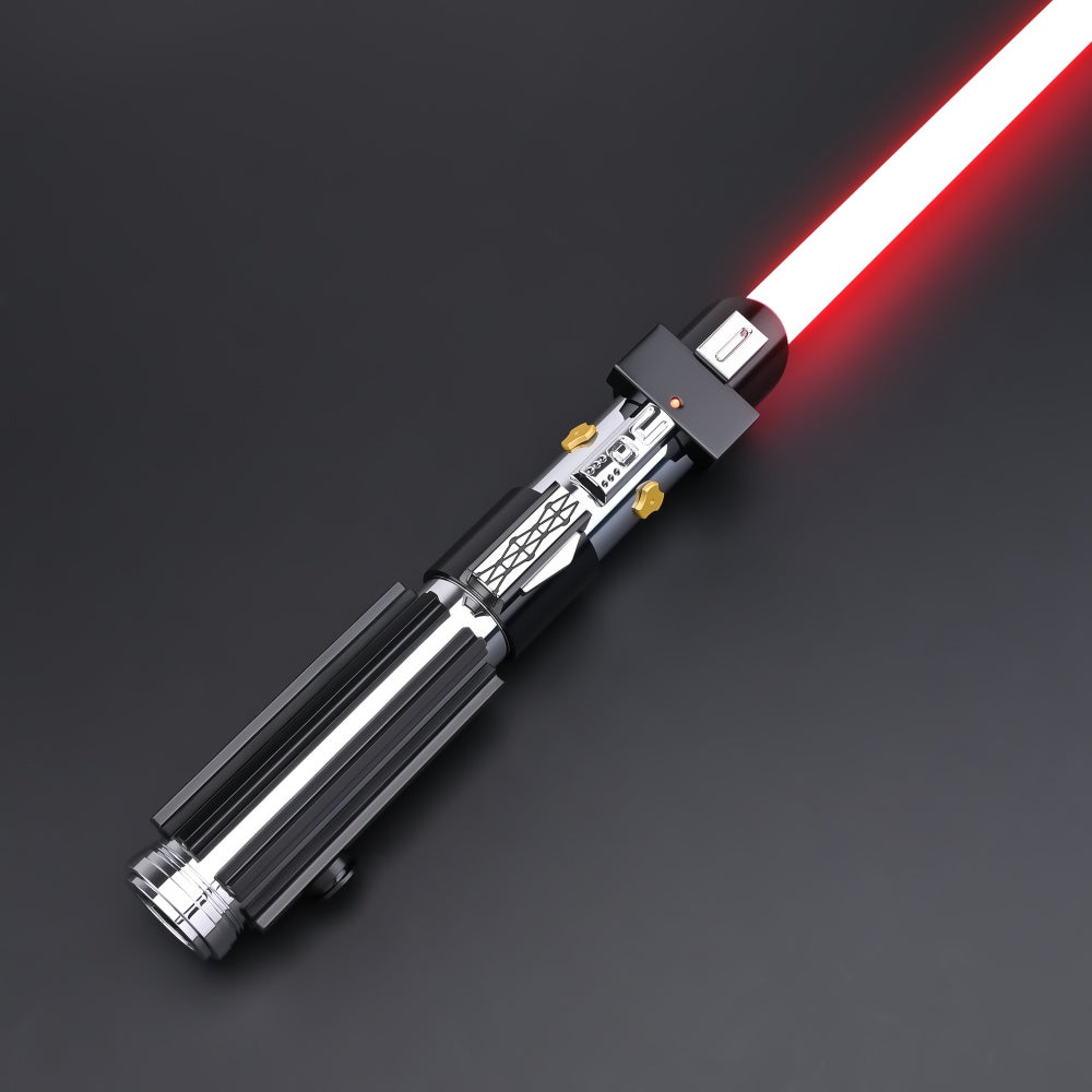 Silver machined saber hilt with brass accent bolts and a black emitter shroud, ignited with a red blade, on a dark grey background