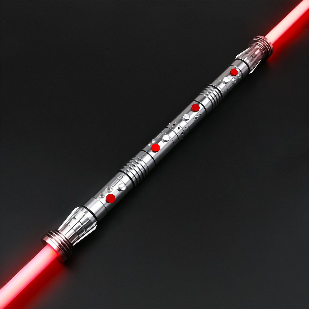 StarForged Menace, two polished aluminium saber hilts joined by a coupler into a staff