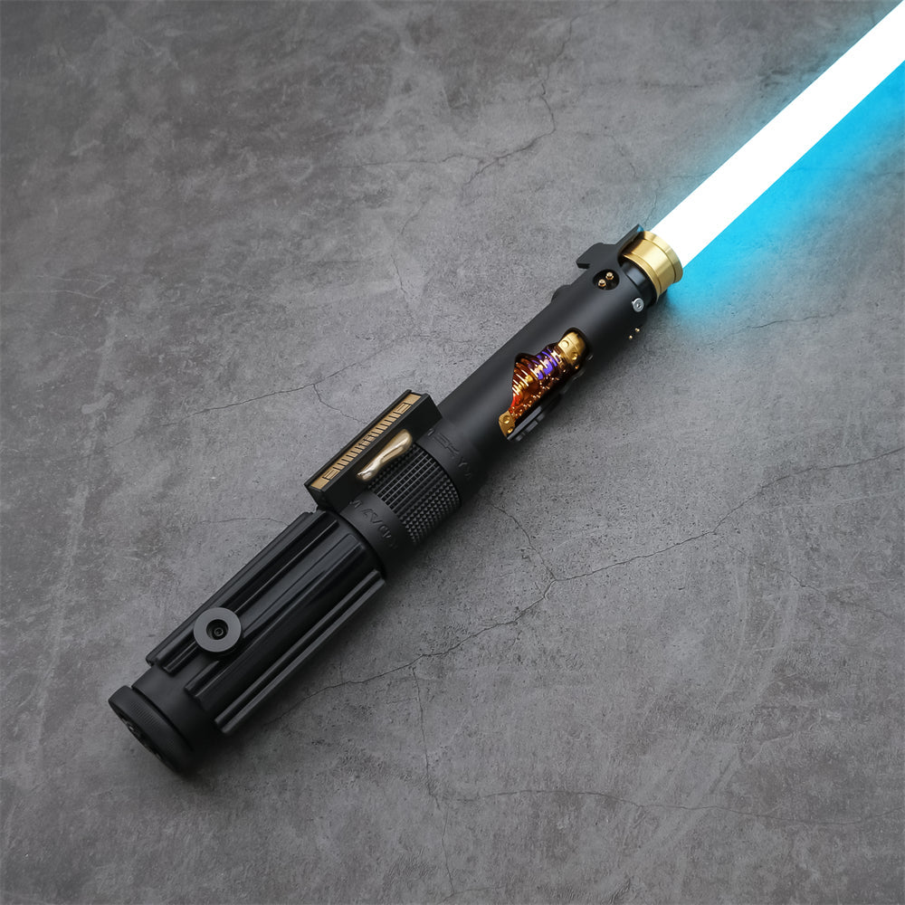 Starbreaker Black neopixel saber, black hilt with exposed copper greeblies and a cyan blade ignited