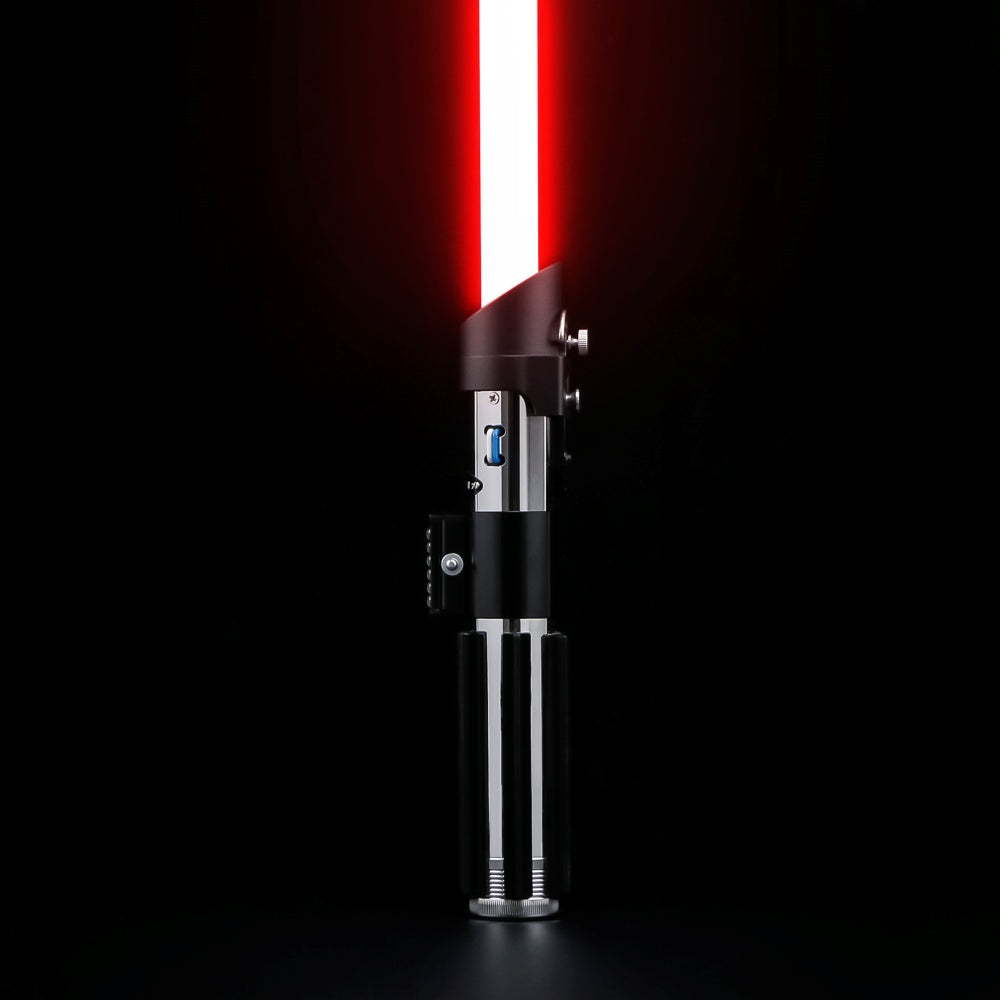 StarForged Darth hilt, polished aluminium with black ridged grips and a red blade ignited