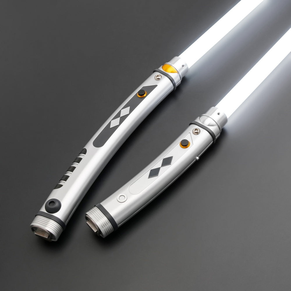 StarForged Fulcrum paired set, two curved polished aluminium saber hilts shown together
