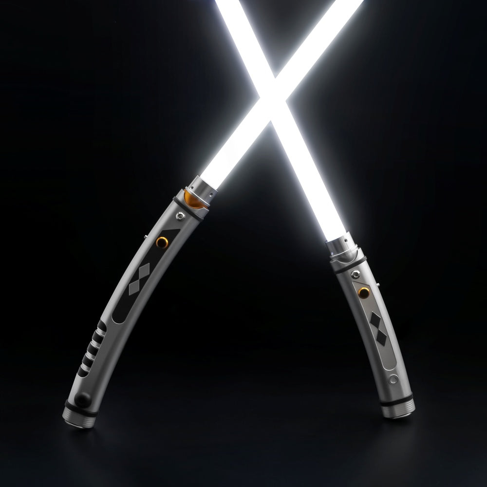 StarForged Fulcrum set, a pair of curved polished aluminium hilts with white blades ignited