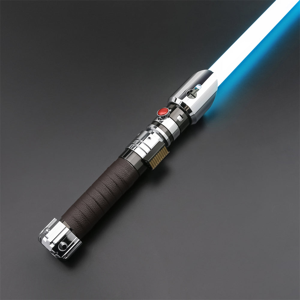 The Burning Star saber, silver hilt with a brown leather grip and a blue blade ignited