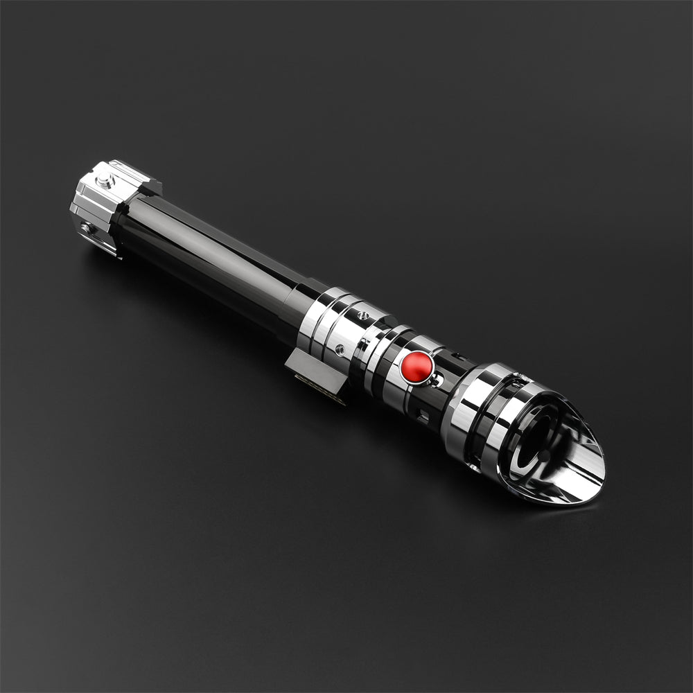 The Burning Star saber hilt shown in detail, silver machining with a brown leather grip