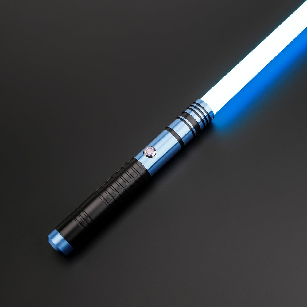 A01 Blue combat saber, black hilt with a blue anodised emitter and a blue blade ignited