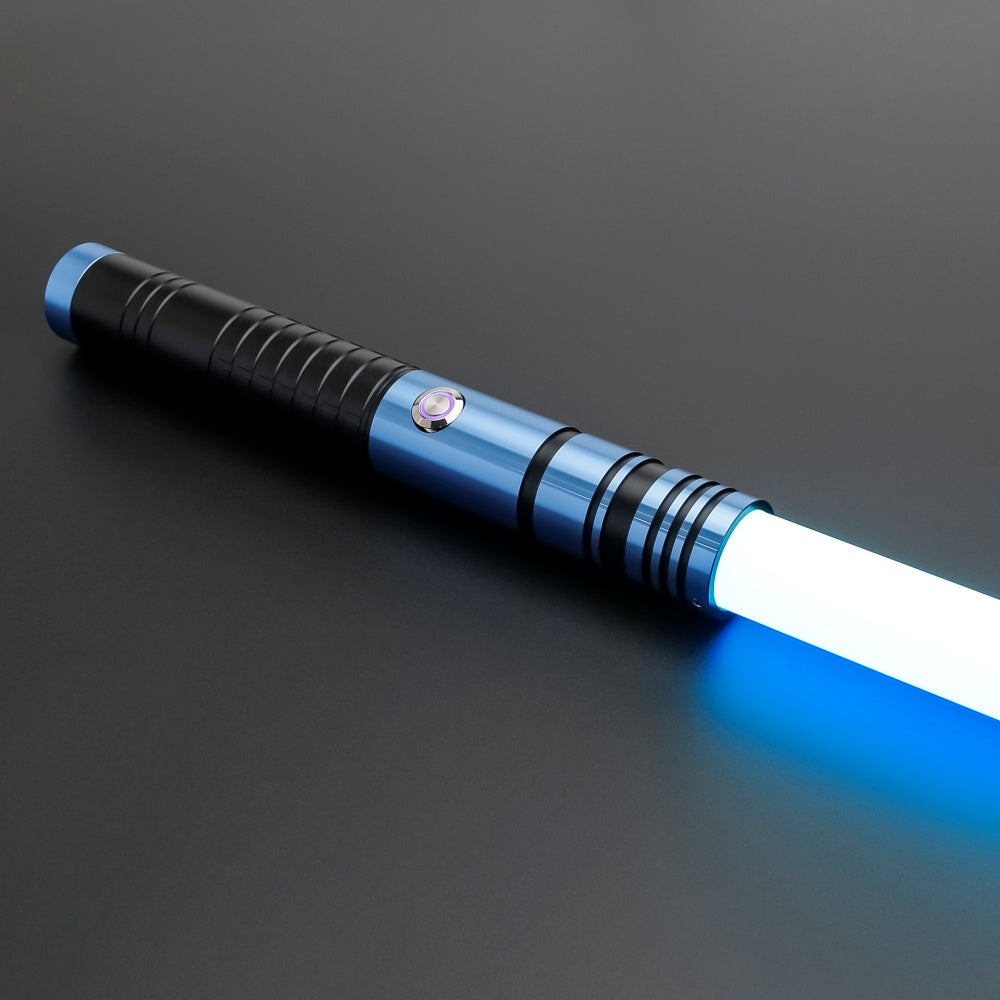 A01 Blue saber with a lit blue neopixel blade, showing even brightness along its length
