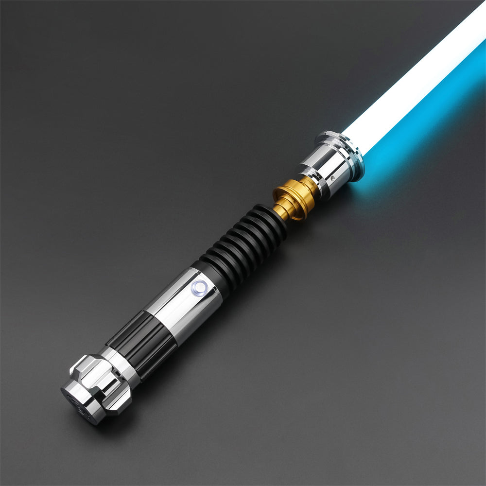 StarForged Negotiator SE, silver saber hilt with a black ribbed grip and gold band, blue blade ignited