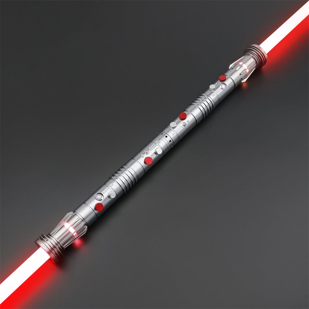 Menace SE double-bladed saber staff, polished silver hilt with red blades ignited at both ends