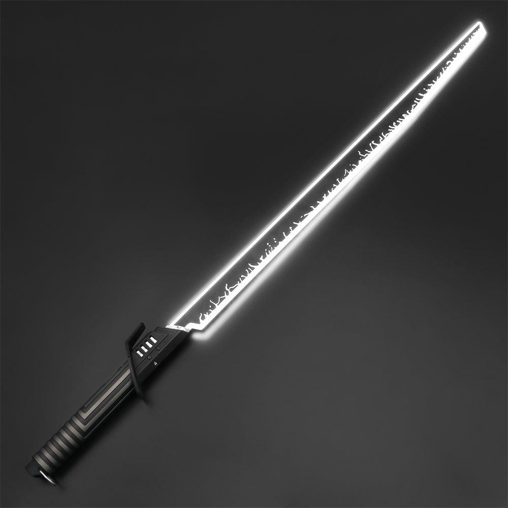 StarForged Mandalore saber, black angular hilt with an engraved flat blade ignited
