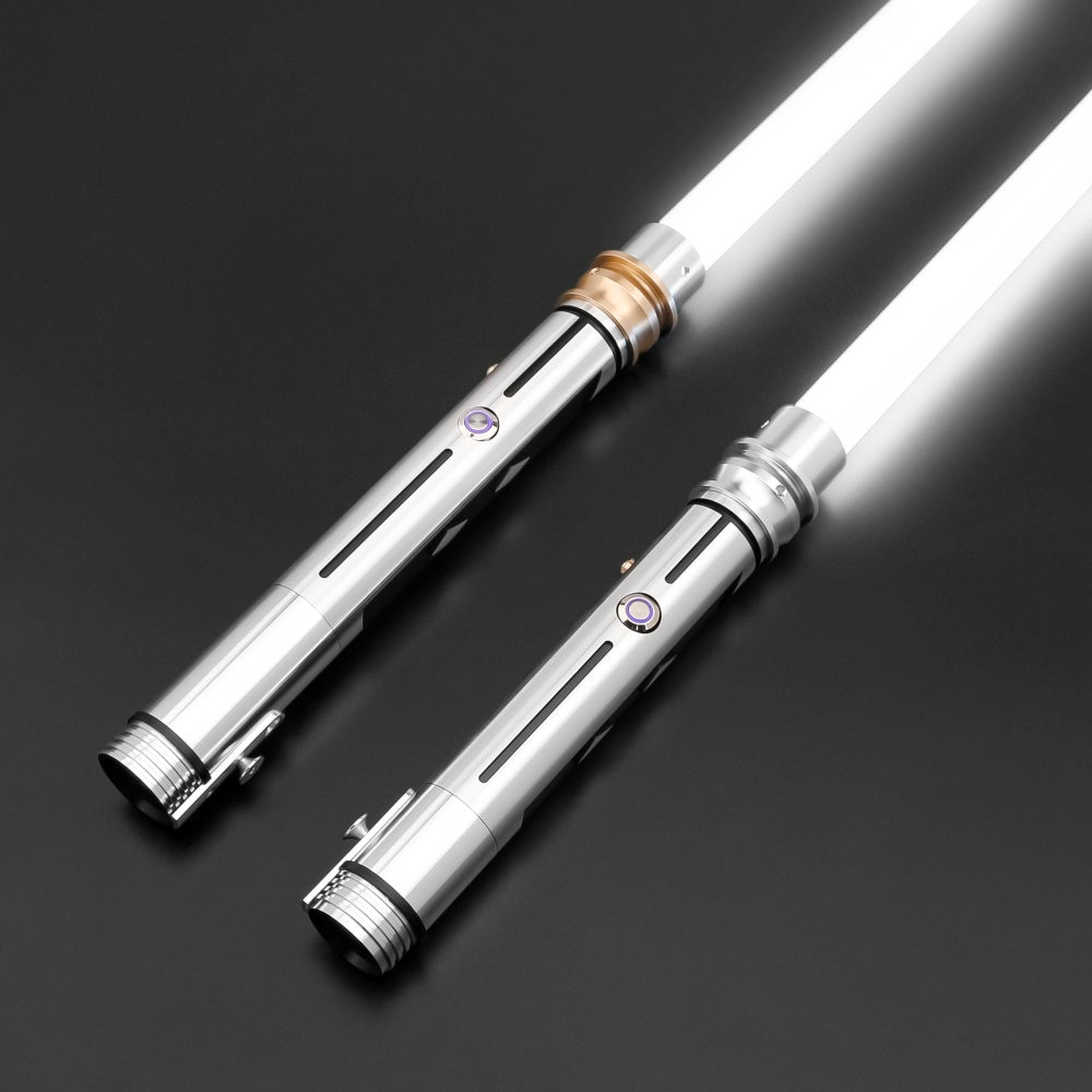 StarForged Fulcrum SE paired sabers, two silver curved hilts with white blades ignited